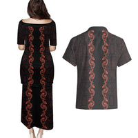 Hawaii Japan Koi Fish Red Couples Matching Puletasi and Hawaiian Shirt Tapa Pattern - Polynesian Pride