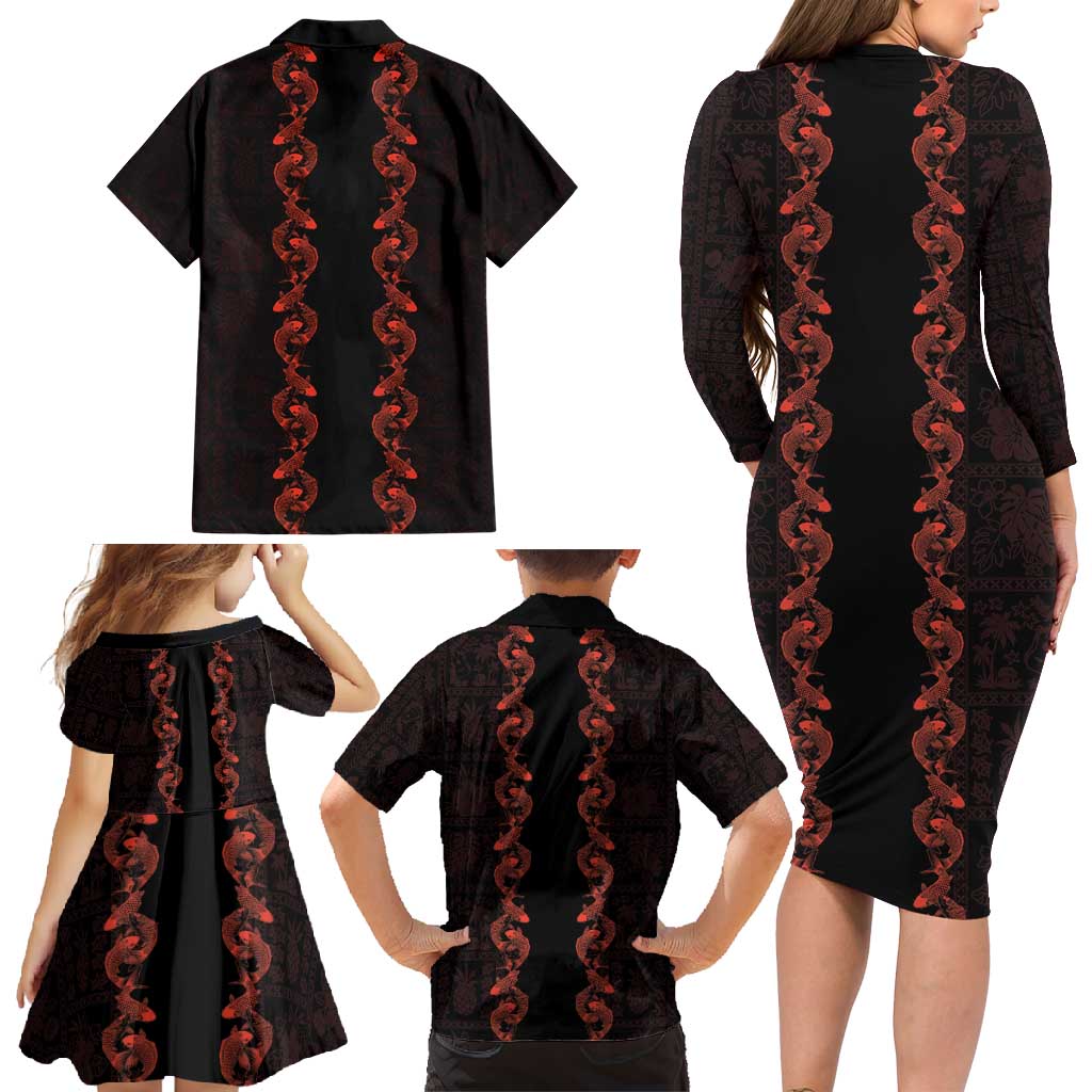 Hawaii Japan Koi Fish Red Family Matching Long Sleeve Bodycon Dress and Hawaiian Shirt Tapa Pattern - Polynesian Pride