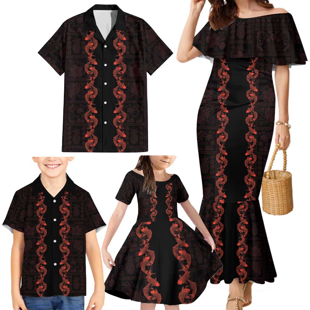 Hawaii Japan Koi Fish Red Family Matching Mermaid Dress and Hawaiian Shirt Tapa Pattern LT01 - Polynesian Pride