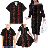 Hawaii Japan Koi Fish Red Family Matching Off The Shoulder Long Sleeve Dress and Hawaiian Shirt Tapa Pattern - Polynesian Pride