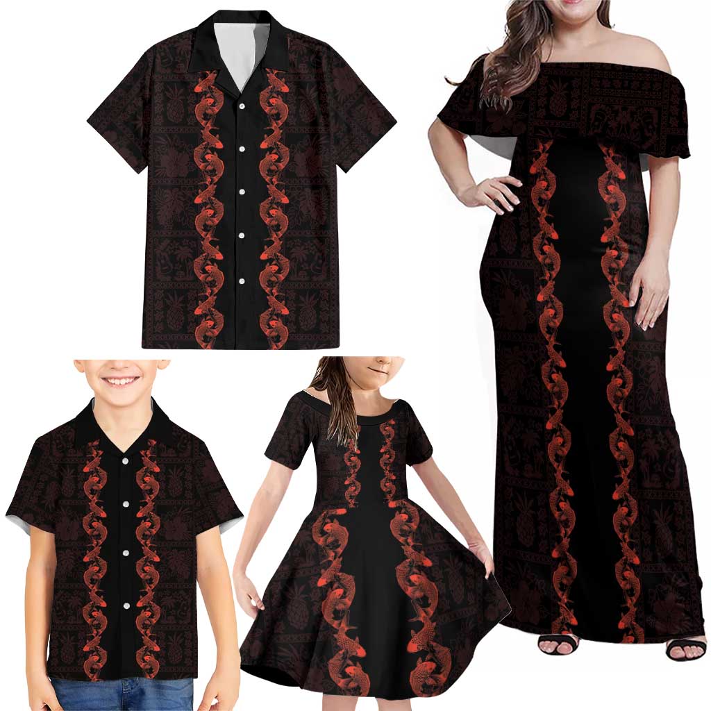 Hawaii Japan Koi Fish Red Family Matching Off Shoulder Maxi Dress and Hawaiian Shirt Tapa Pattern LT01 - Polynesian Pride