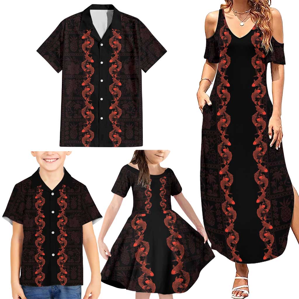 Hawaii Japan Koi Fish Red Family Matching Summer Maxi Dress and Hawaiian Shirt Tapa Pattern LT01 - Polynesian Pride