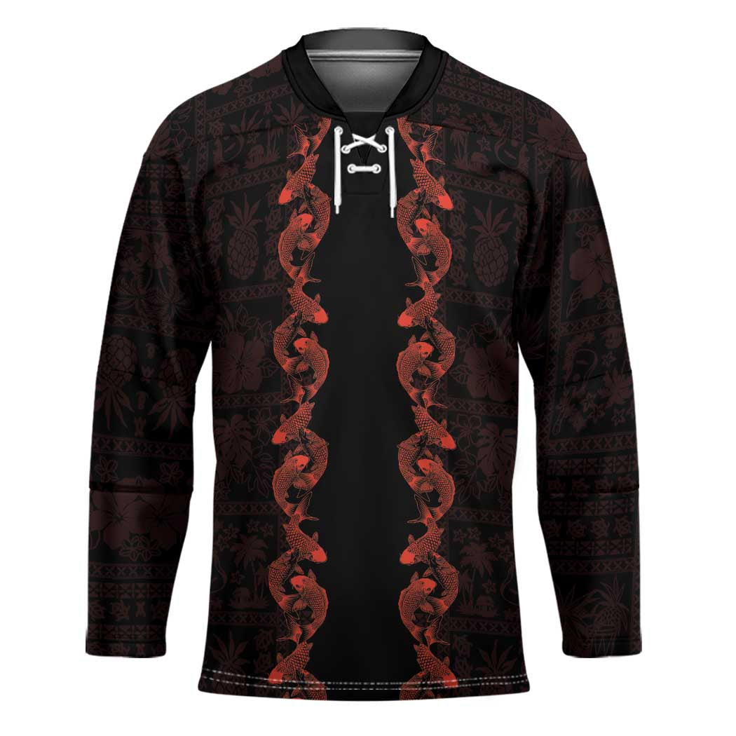 Hawaii Japan Koi Fish Red Hockey Jersey Tapa Pattern - Polynesian Pride