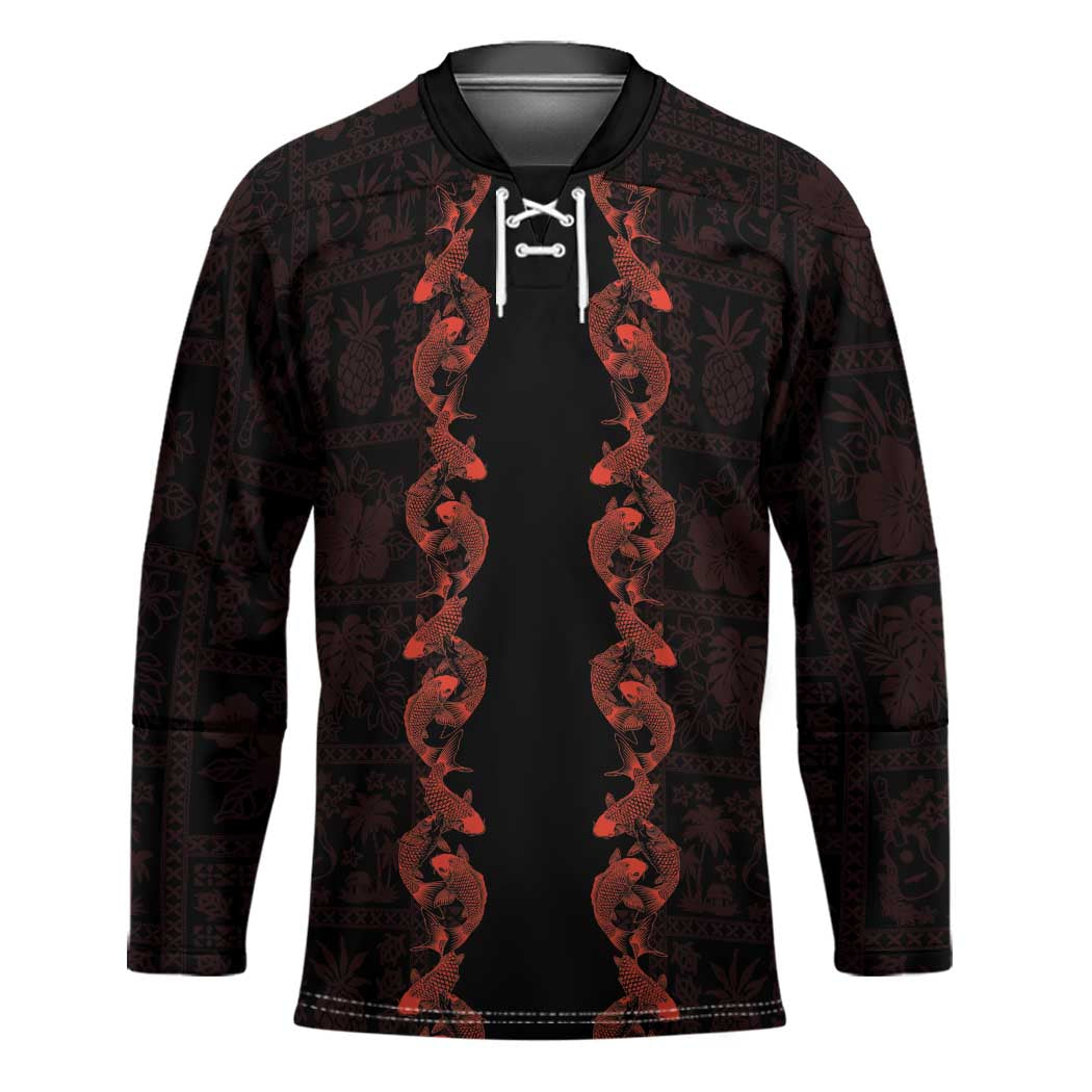 Hawaii Japan Koi Fish Red Hockey Jersey Tapa Pattern LT01 Unisex Red - Polynesian Pride