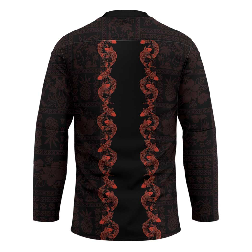 Hawaii Japan Koi Fish Red Hockey Jersey Tapa Pattern - Polynesian Pride