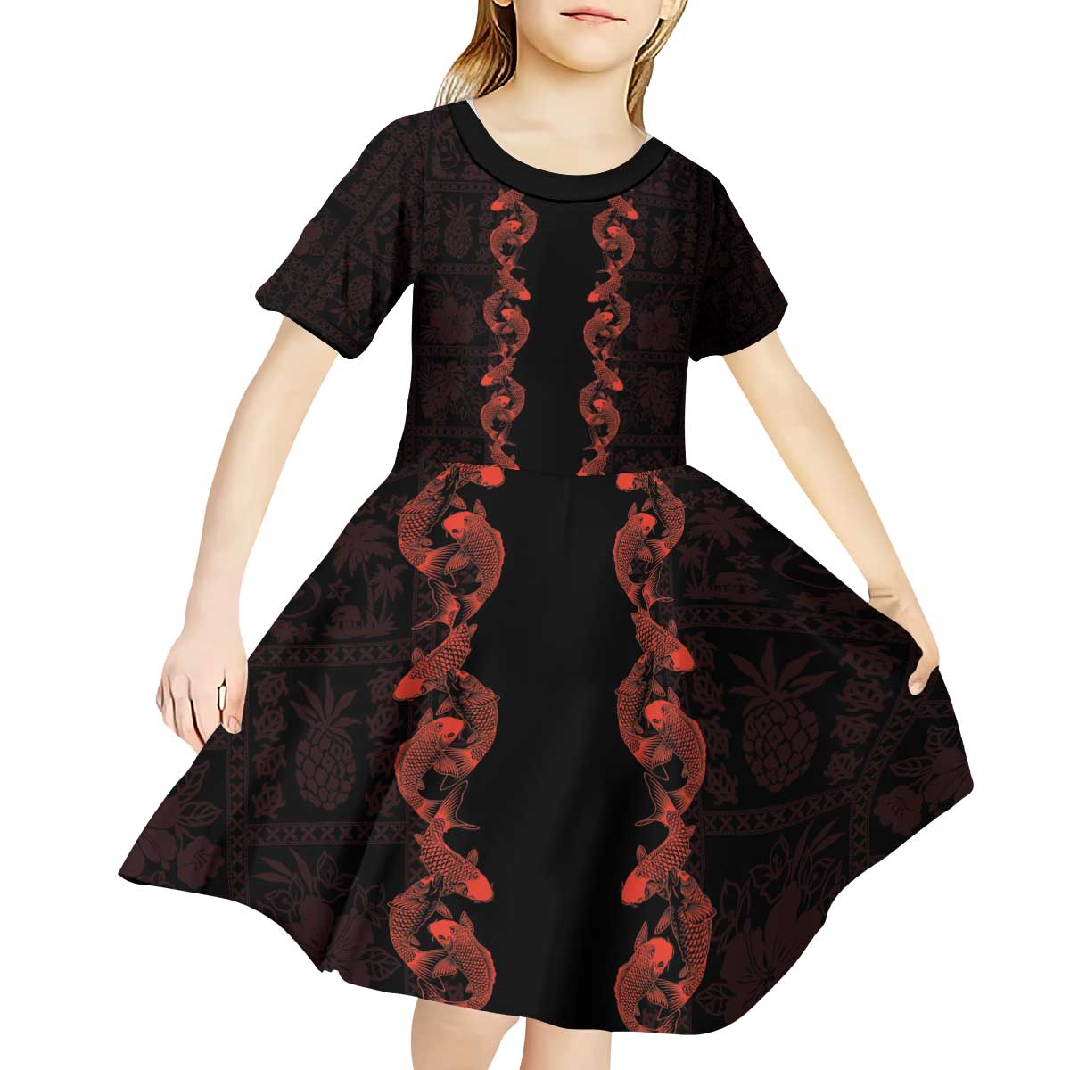 Hawaii Japan Koi Fish Red Kid Short Sleeve Dress Tapa Pattern - Polynesian Pride