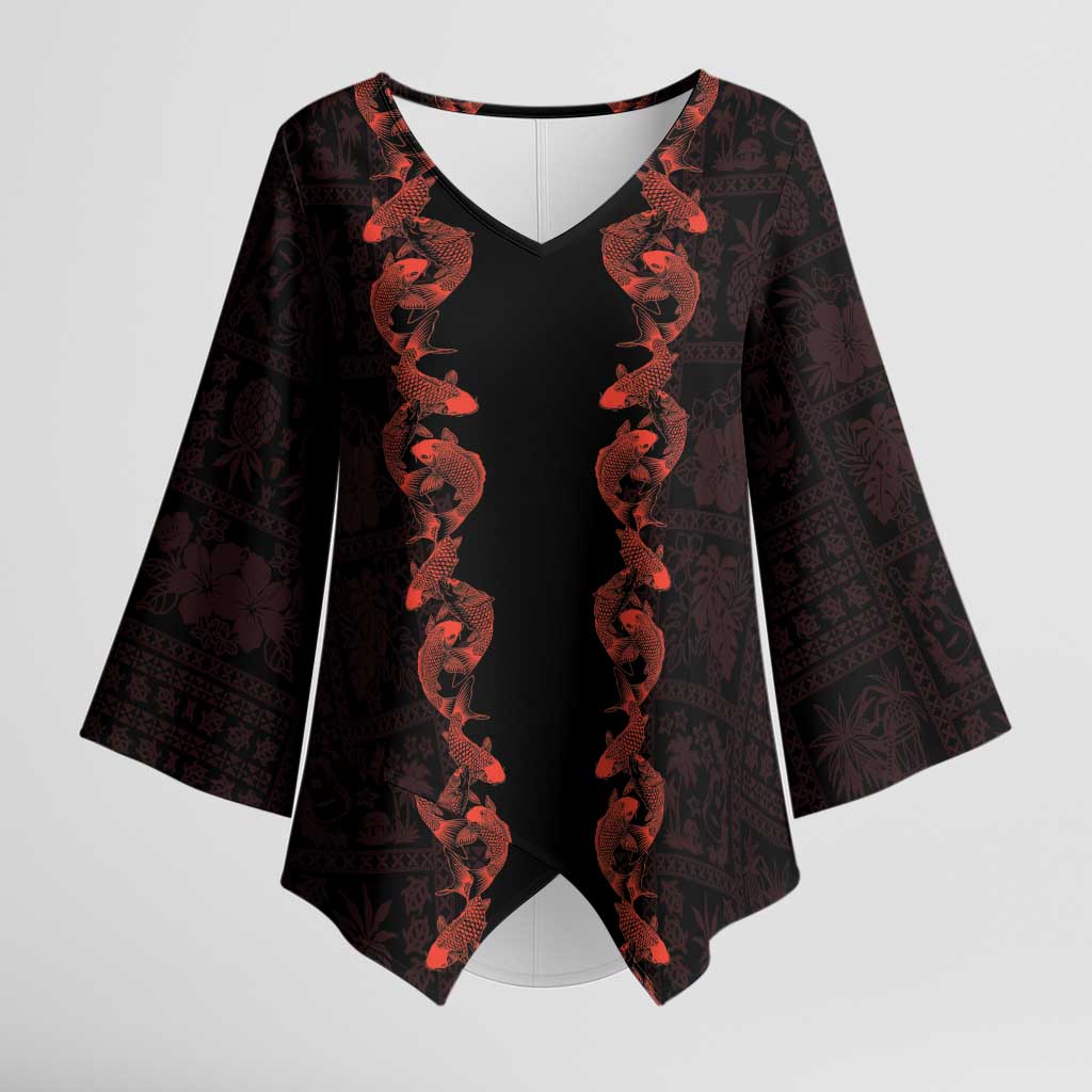 Hawaii Japan Koi Fish Red Kimono Sleeve Blouse Tapa Pattern - Polynesian Pride