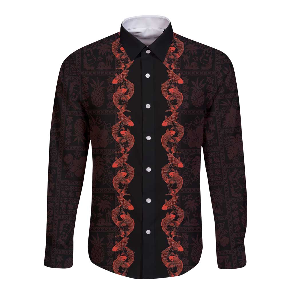 Hawaii Japan Koi Fish Red Long Sleeve Button Shirt Tapa Pattern - Polynesian Pride