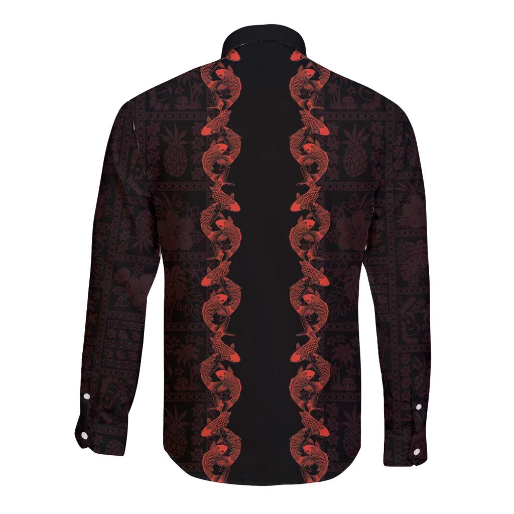 Hawaii Japan Koi Fish Red Long Sleeve Button Shirt Tapa Pattern - Polynesian Pride