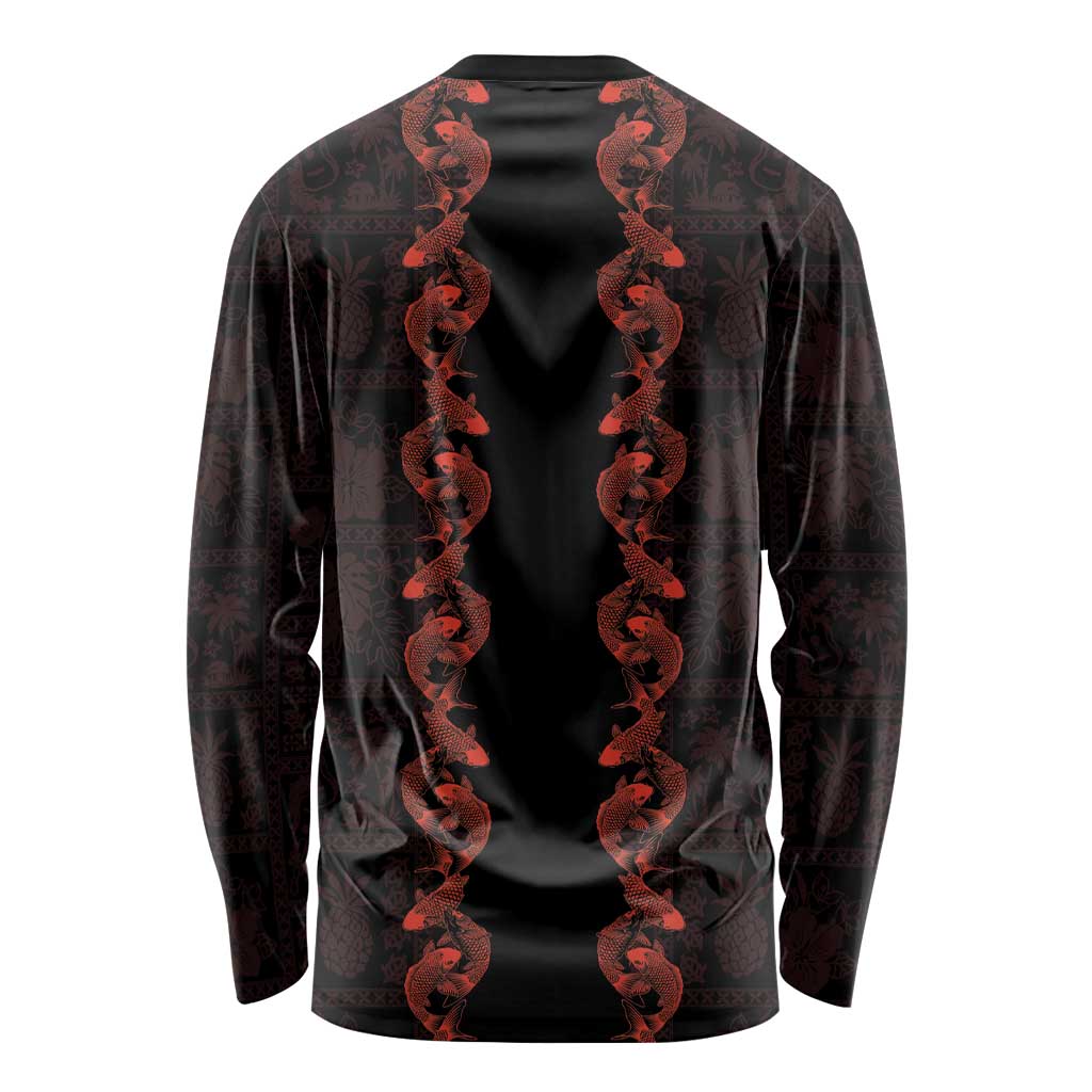 Hawaii Japan Koi Fish Red Long Sleeve Shirt Tapa Pattern - Polynesian Pride