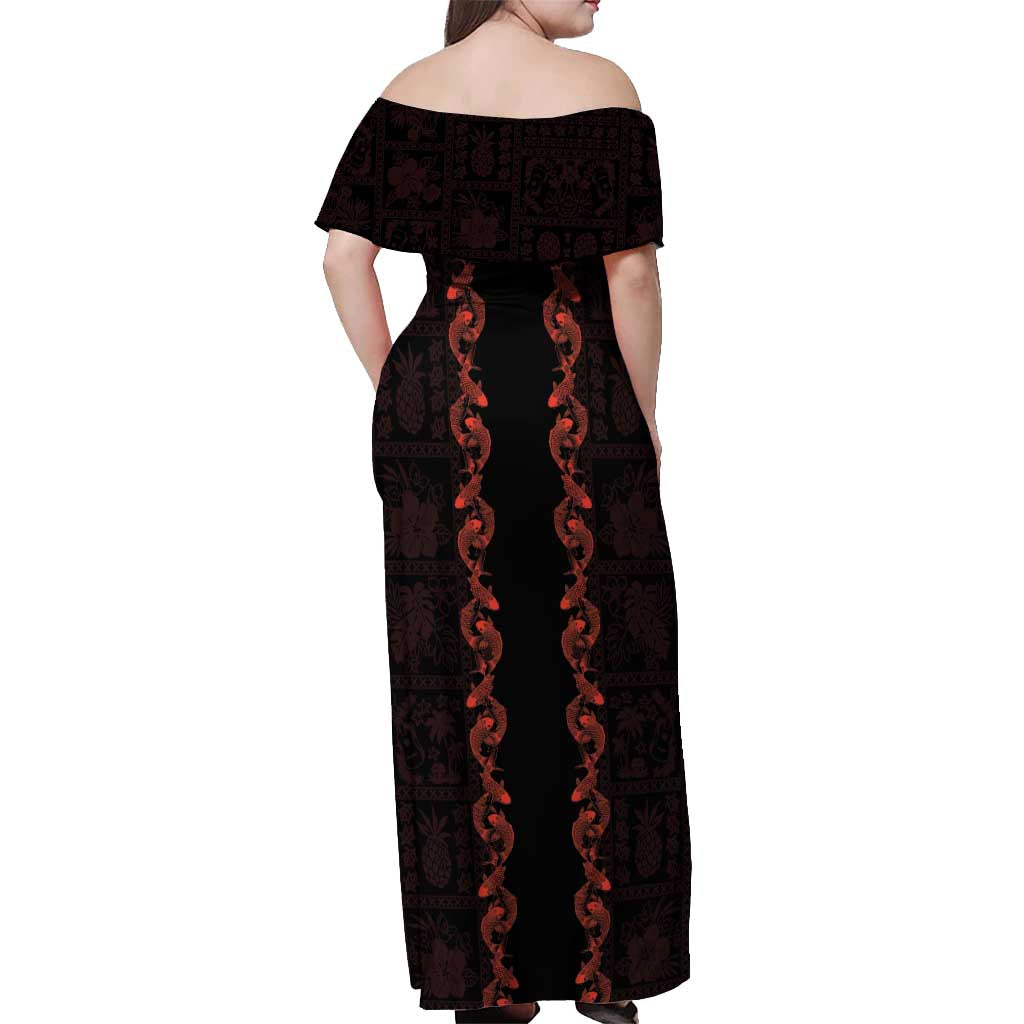 Hawaii Japan Koi Fish Red Off Shoulder Maxi Dress Tapa Pattern - Polynesian Pride
