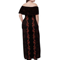 Hawaii Japan Koi Fish Red Off Shoulder Maxi Dress Tapa Pattern - Polynesian Pride