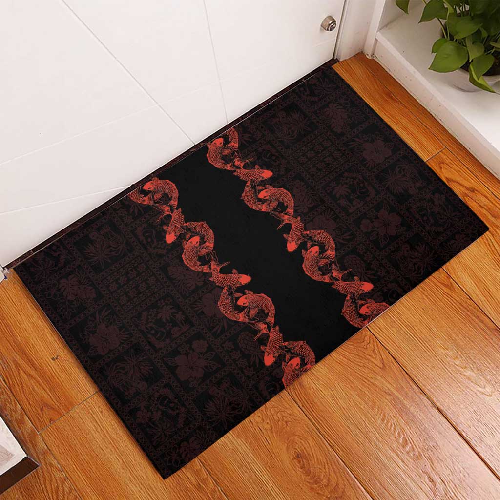 Hawaii Japan Koi Fish Red Rubber Doormat Tapa Pattern - Polynesian Pride