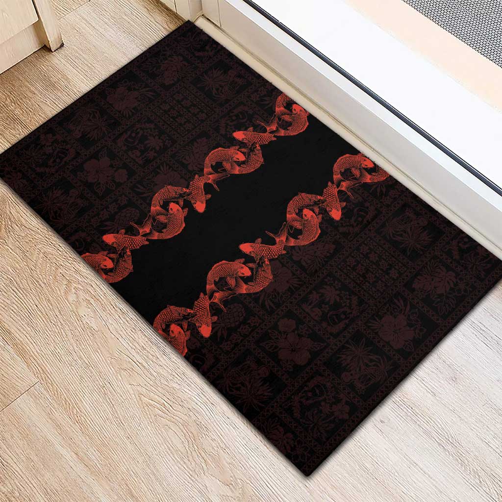 Hawaii Japan Koi Fish Red Rubber Doormat Tapa Pattern - Polynesian Pride