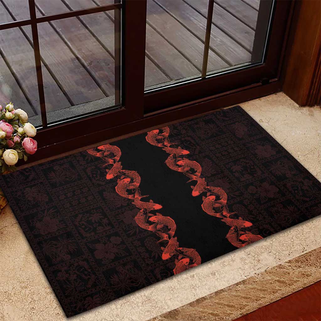 Hawaii Japan Koi Fish Red Rubber Doormat Tapa Pattern - Polynesian Pride