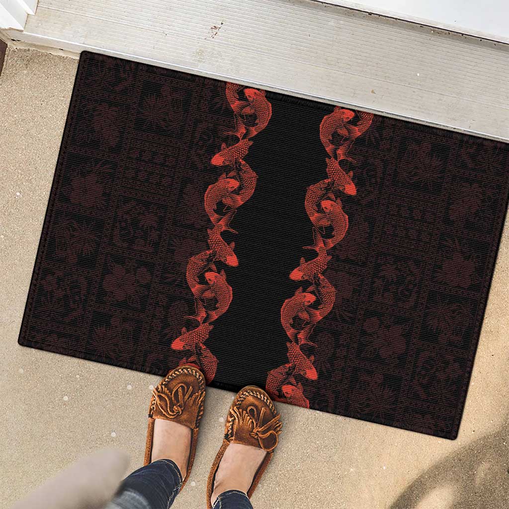 Hawaii Japan Koi Fish Red Rubber Doormat Tapa Pattern - Polynesian Pride