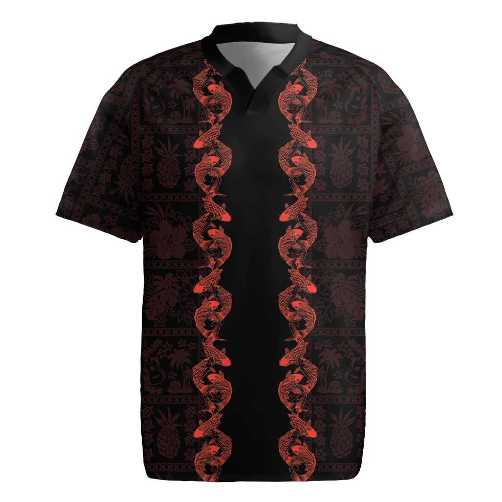 Hawaii Japan Koi Fish Red Rugby Jersey Tapa Pattern LT01 Red - Polynesian Pride