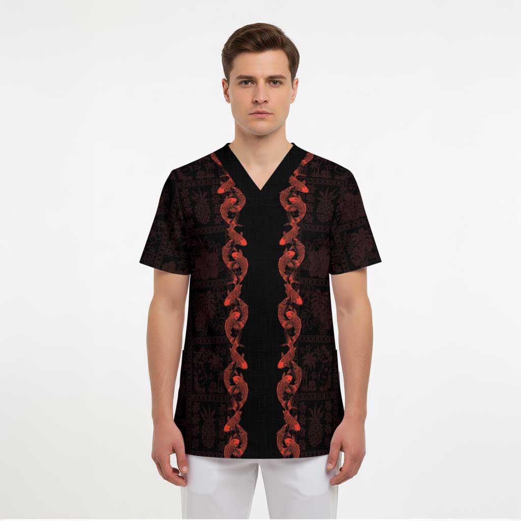 Hawaii Japan Koi Fish Red Scrub Top Tapa Pattern - Polynesian Pride