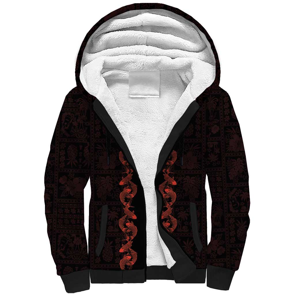 Hawaii Japan Koi Fish Red Sherpa Hoodie Tapa Pattern LT01 Unisex Red - Polynesian Pride