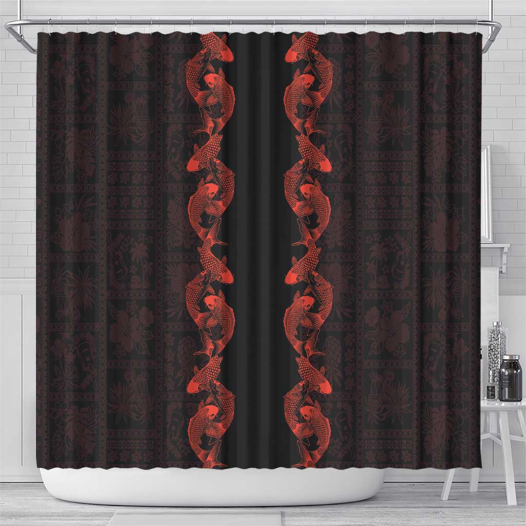 Hawaii Japan Koi Fish Red Shower Curtain Tapa Pattern - Polynesian Pride