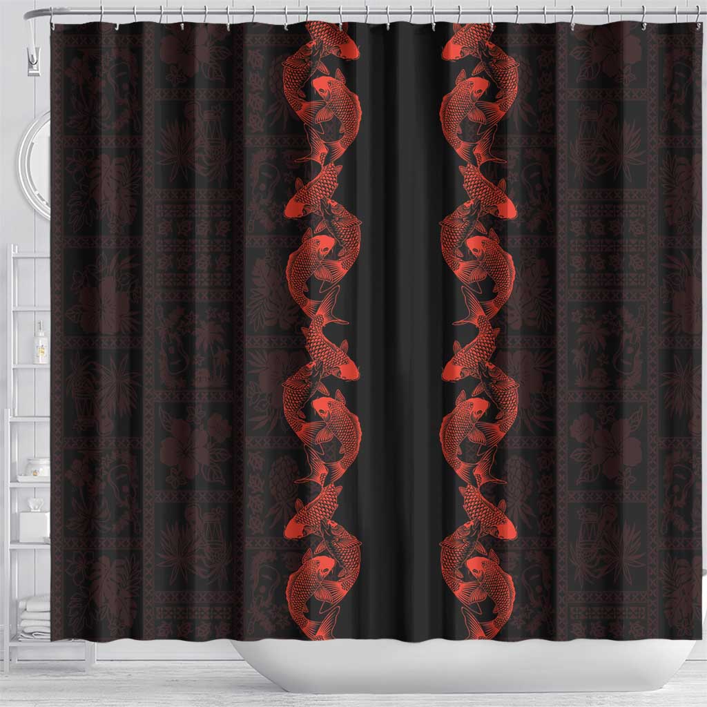 Hawaii Japan Koi Fish Red Shower Curtain Tapa Pattern - Polynesian Pride