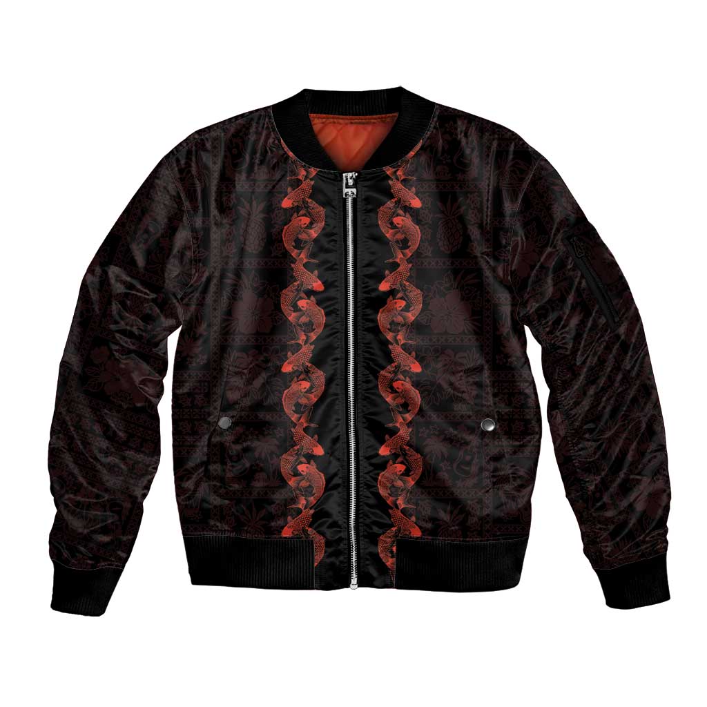 Hawaii Japan Koi Fish Red Sleeve Zip Bomber Jacket Tapa Pattern - Polynesian Pride