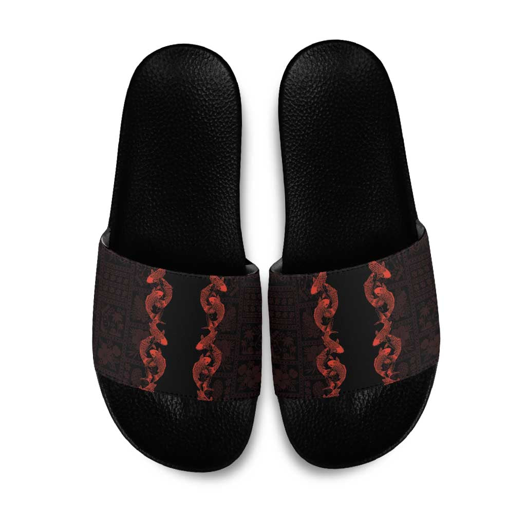 Hawaii Japan Koi Fish Red Slide Sandals Tapa Pattern LT01 Red - Polynesian Pride