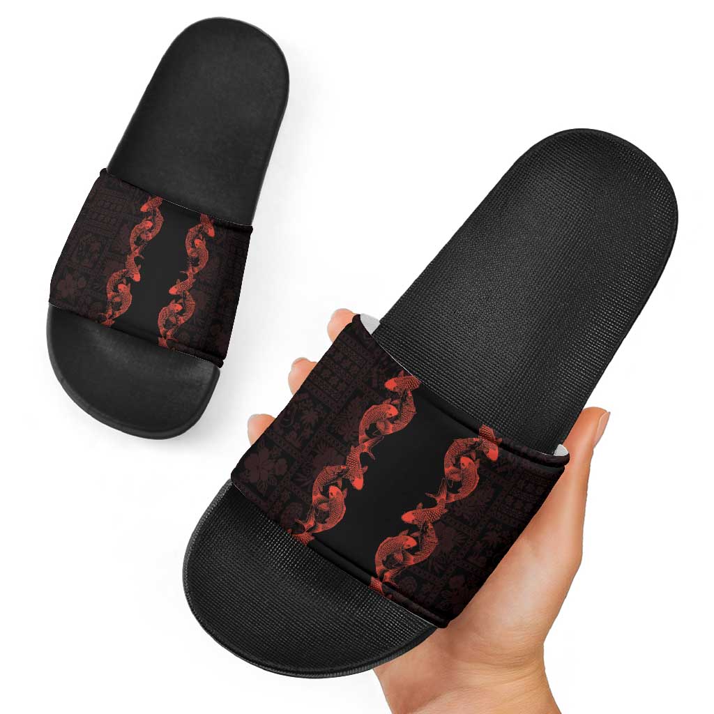 Hawaii Japan Koi Fish Red Slide Sandals Tapa Pattern - Polynesian Pride