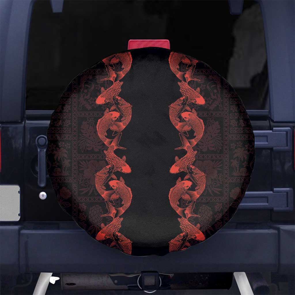 Hawaii Japan Koi Fish Red Spare Tire Cover Tapa Pattern - Polynesian Pride