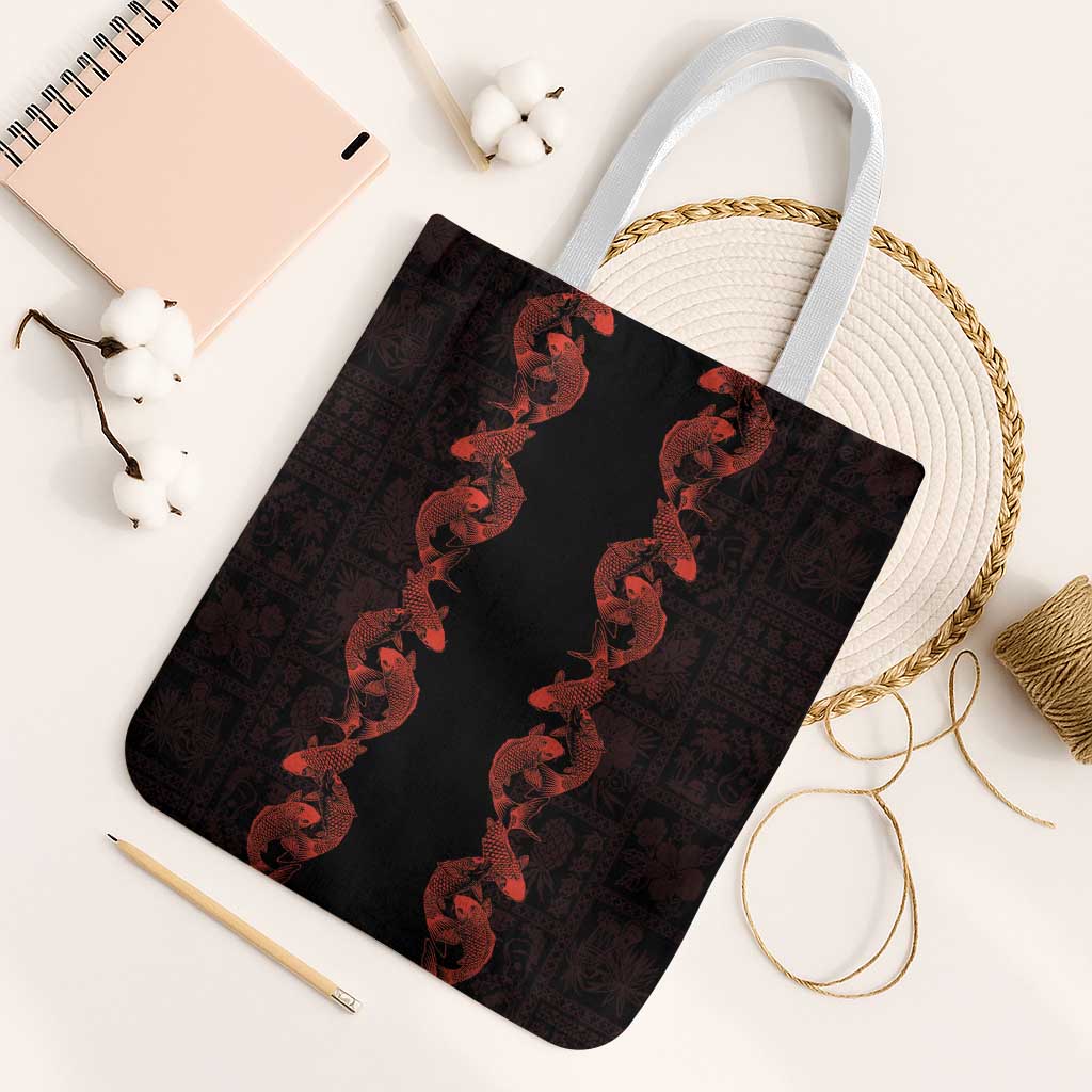 Hawaii Japan Koi Fish Red Tote Bag Tapa Pattern - Polynesian Pride
