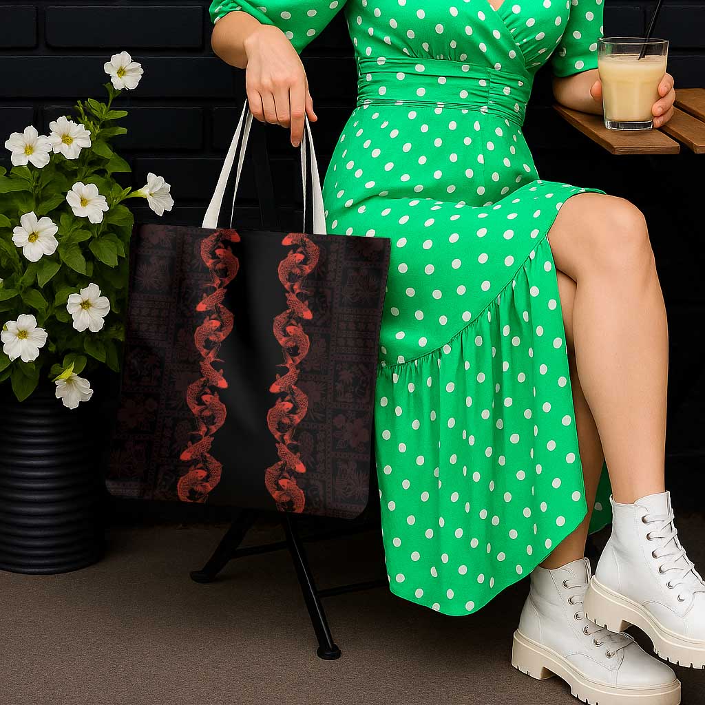 Hawaii Japan Koi Fish Red Tote Bag Tapa Pattern - Polynesian Pride