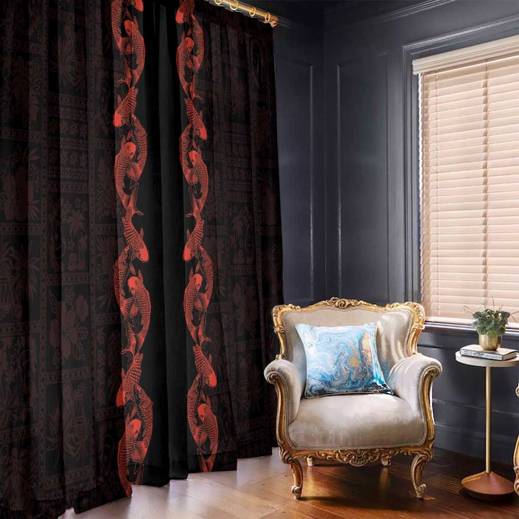 Hawaii Japan Koi Fish Red Window Curtain Tapa Pattern - Polynesian Pride