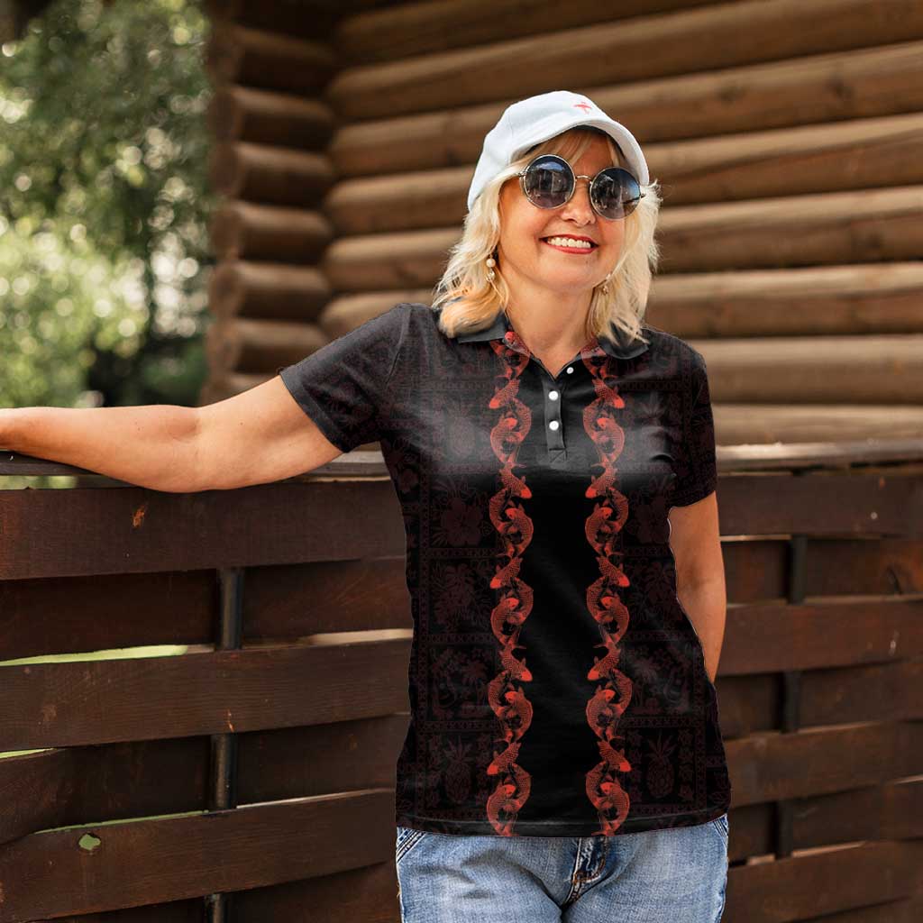 Hawaii Japan Koi Fish Red Women Polo Shirt Tapa Pattern - Polynesian Pride