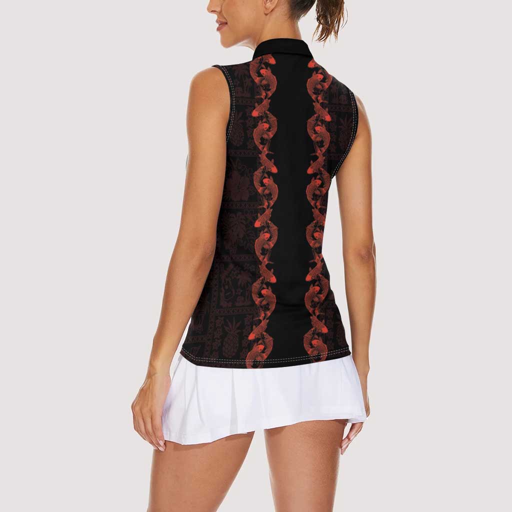 Hawaii Japan Koi Fish Red Women Sleeveless Polo Shirt Tapa Pattern - Polynesian Pride