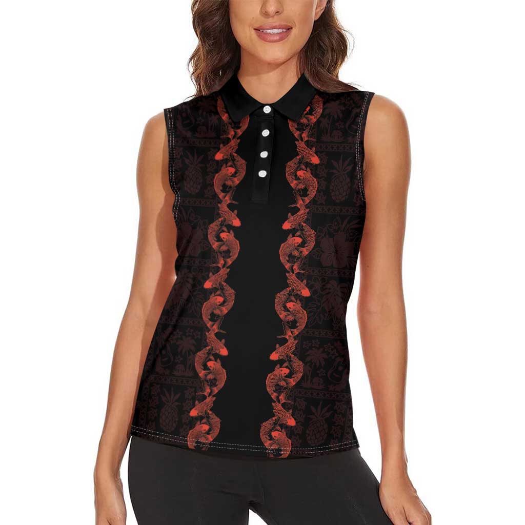 Hawaii Japan Koi Fish Red Women Sleeveless Polo Shirt Tapa Pattern - Polynesian Pride