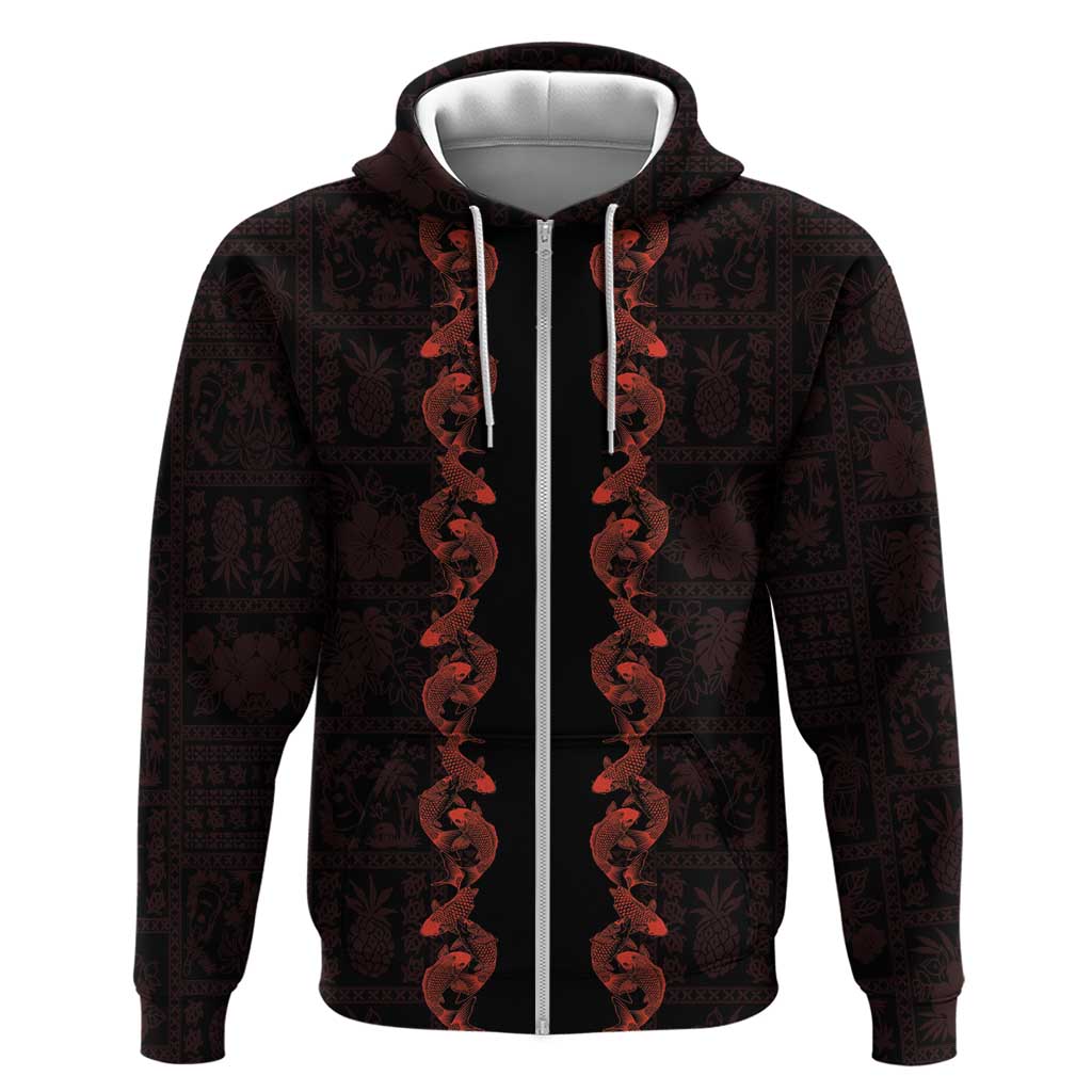 Hawaii Japan Koi Fish Red Zip Hoodie Tapa Pattern - Polynesian Pride