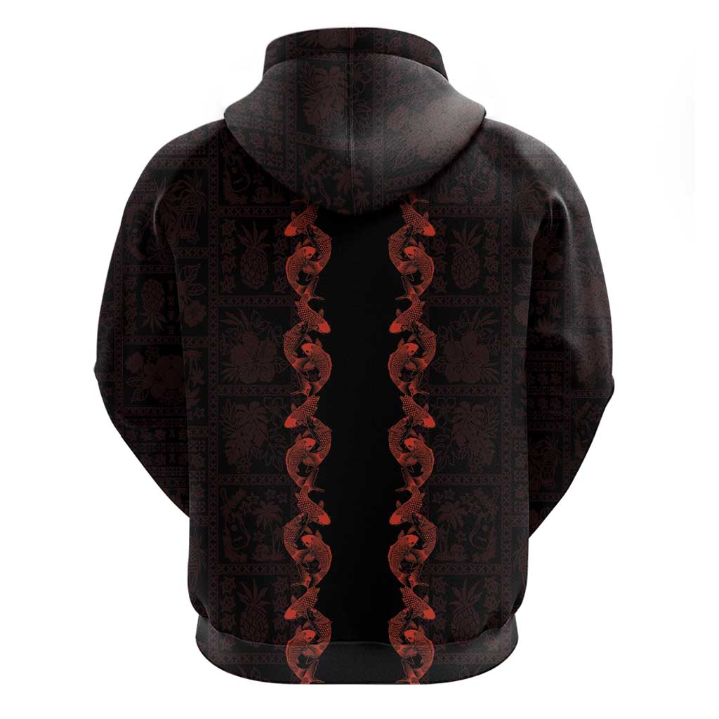 Hawaii Japan Koi Fish Red Zip Hoodie Tapa Pattern - Polynesian Pride