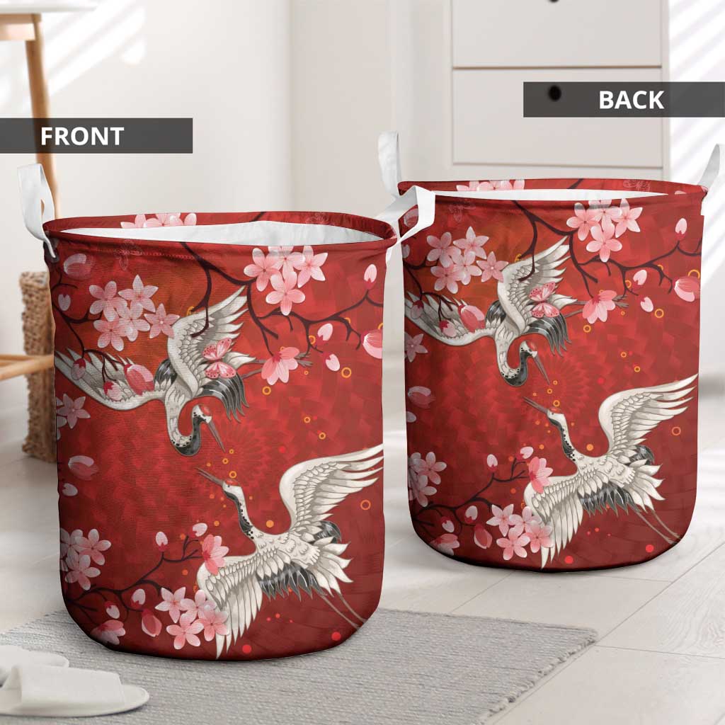 Hawaii Japan Cranes Sakura Flower Red Laundry Basket Japan Heritage Spirit - Polynesian Pride