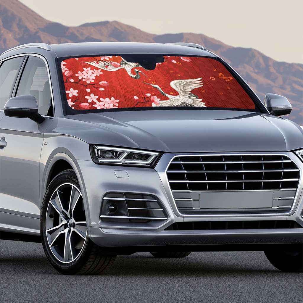 Hawaii Japan Cranes Sakura Flower Red Auto Sun Shade Japan Heritage Spirit - Polynesian Pride