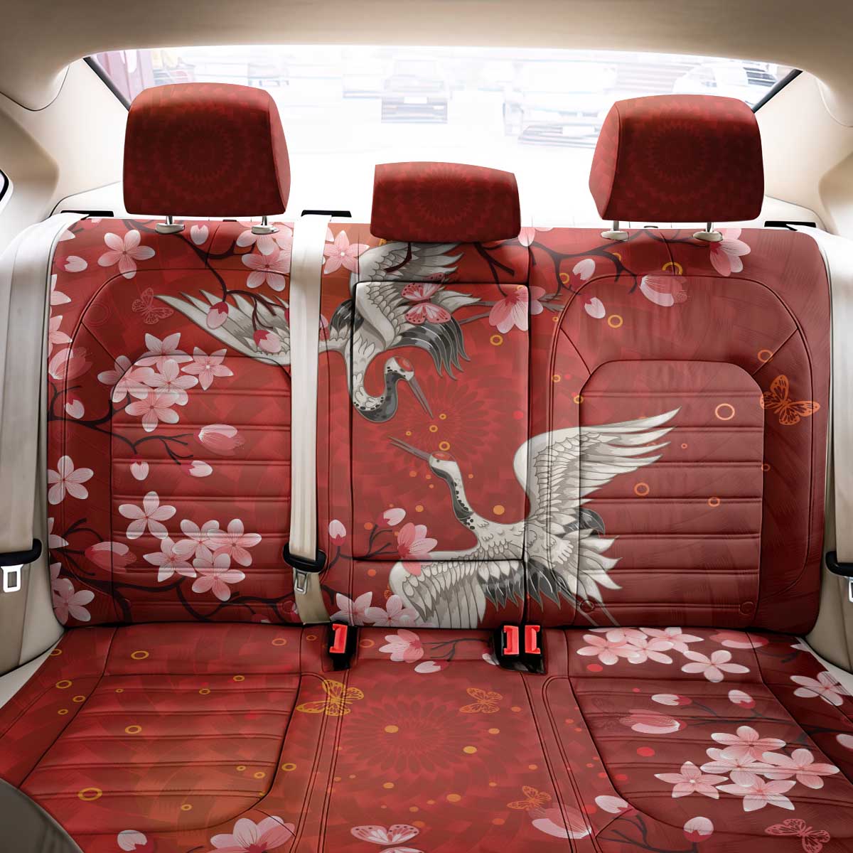 Hawaii Japan Cranes Sakura Flower Red Back Car Seat Cover Japan Heritage Spirit - Polynesian Pride