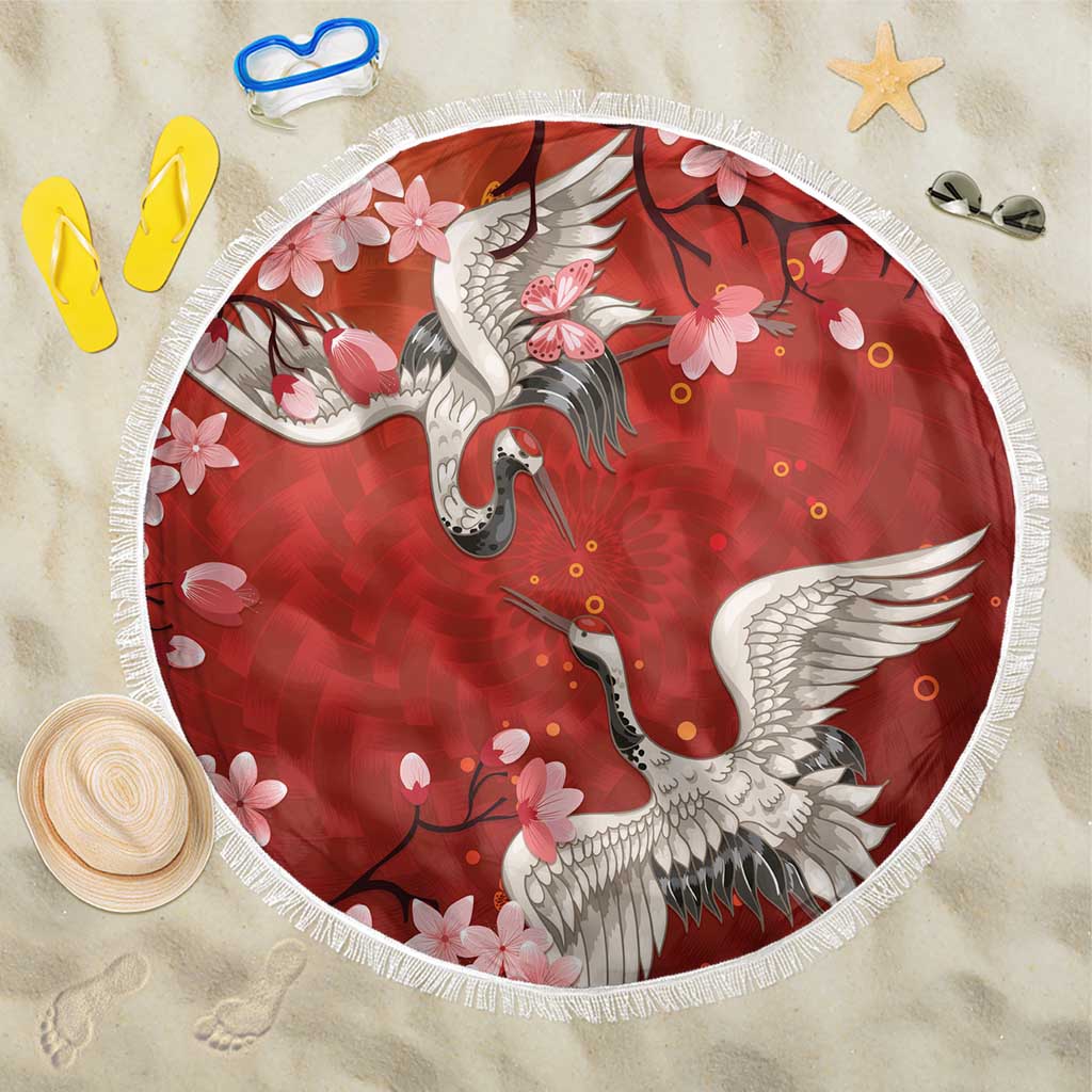 Hawaii Japan Cranes Sakura Flower Red Beach Blanket Japan Heritage Spirit - Polynesian Pride