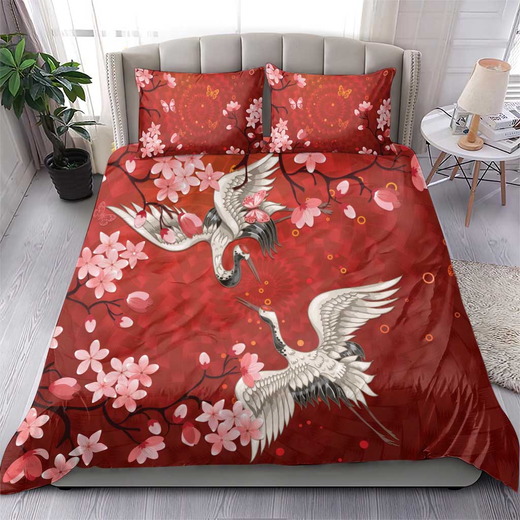 Hawaii Japan Cranes Sakura Flower Red Bedding Set Japan Heritage Spirit - Polynesian Pride