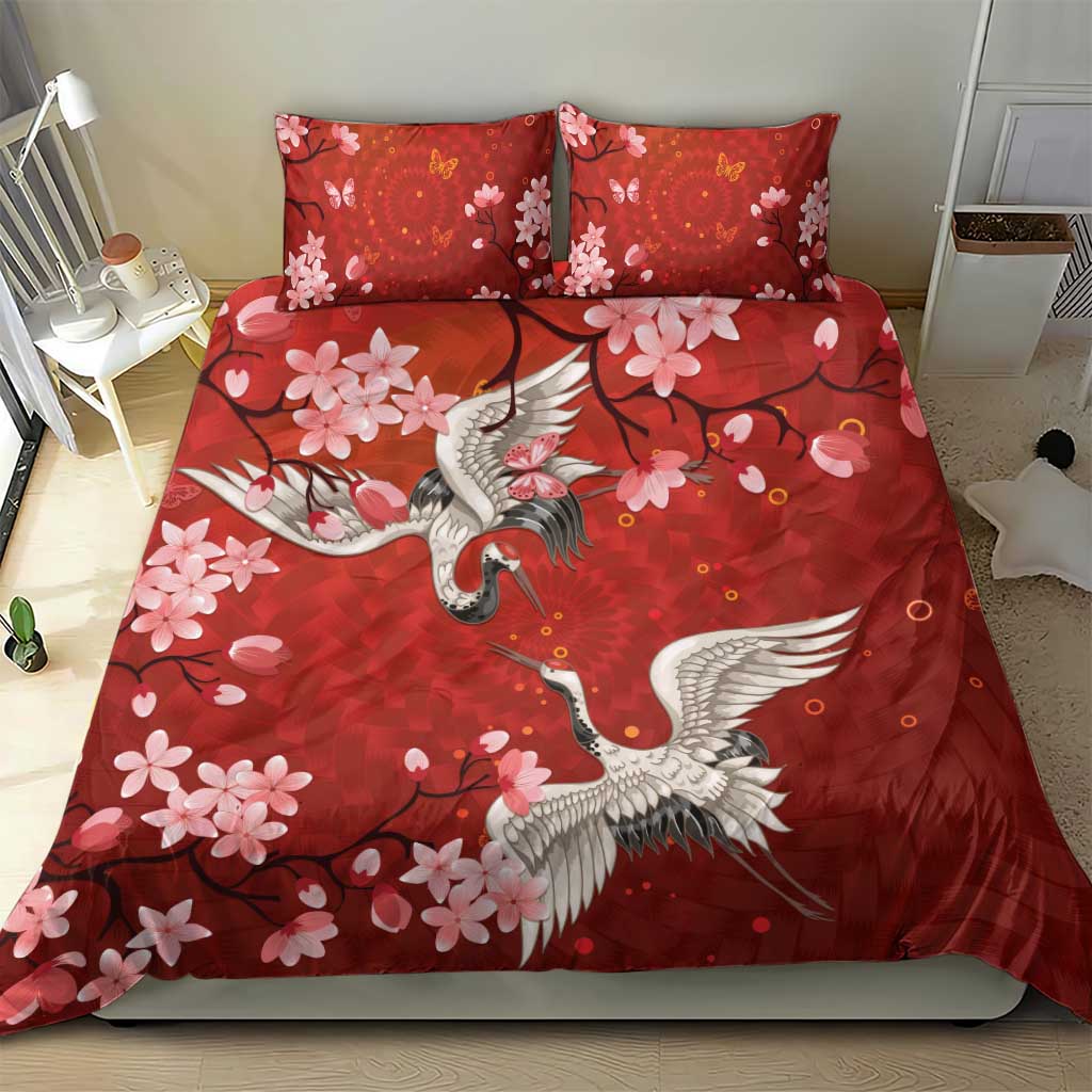 Hawaii Japan Cranes Sakura Flower Red Bedding Set Japan Heritage Spirit - Polynesian Pride