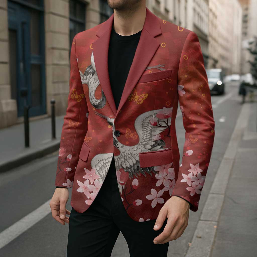 Hawaii Japan Cranes Sakura Flower Red Blazer Japan Heritage Spirit - Polynesian Pride