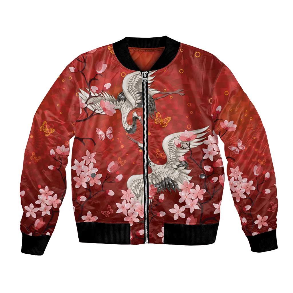 Hawaii Japan Cranes Sakura Flower Red Bomber Jacket Japan Heritage Spirit - Polynesian Pride