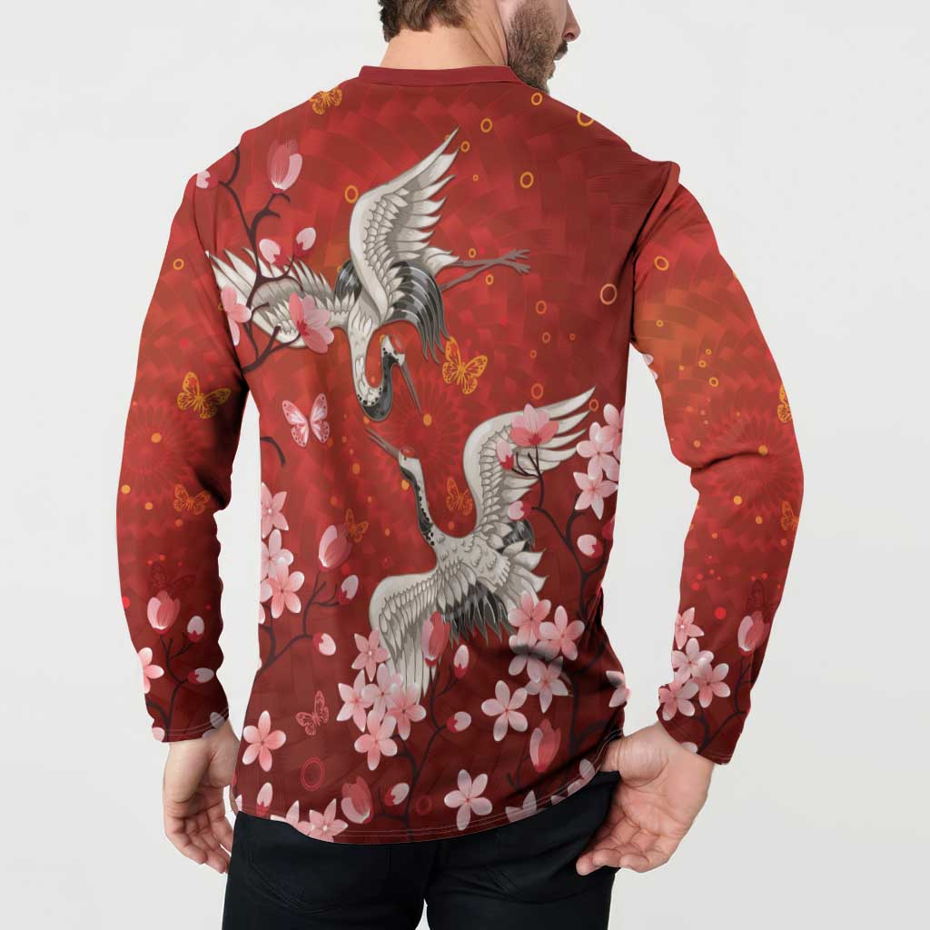 Hawaii Japan Cranes Sakura Flower Red Button Sweatshirt Japan Heritage Spirit - Polynesian Pride