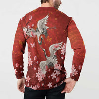 Hawaii Japan Cranes Sakura Flower Red Button Sweatshirt Japan Heritage Spirit - Polynesian Pride