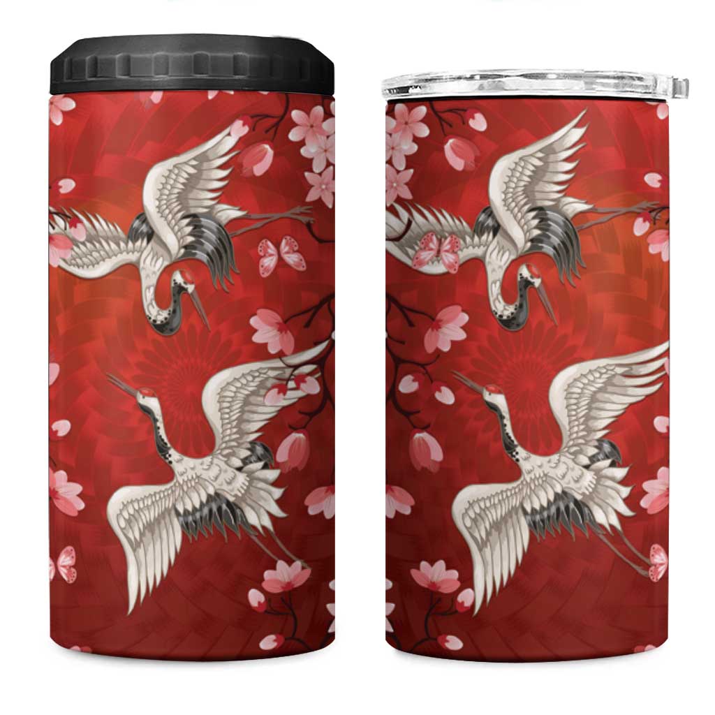 Hawaii Japan Cranes Sakura Flower Red 4 in 1 Can Cooler Tumbler Japan Heritage Spirit - Polynesian Pride