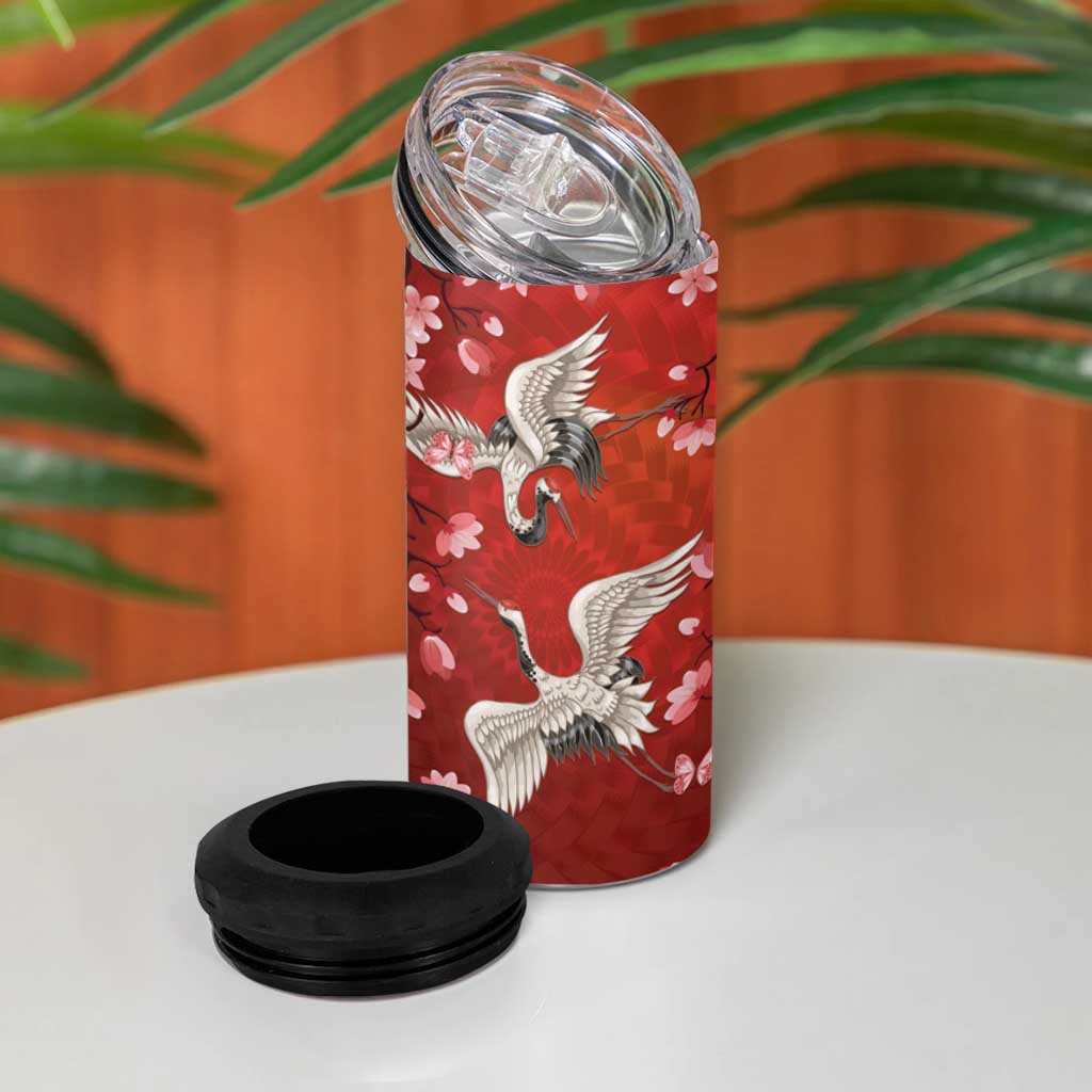 Hawaii Japan Cranes Sakura Flower Red 4 in 1 Can Cooler Tumbler Japan Heritage Spirit - Polynesian Pride