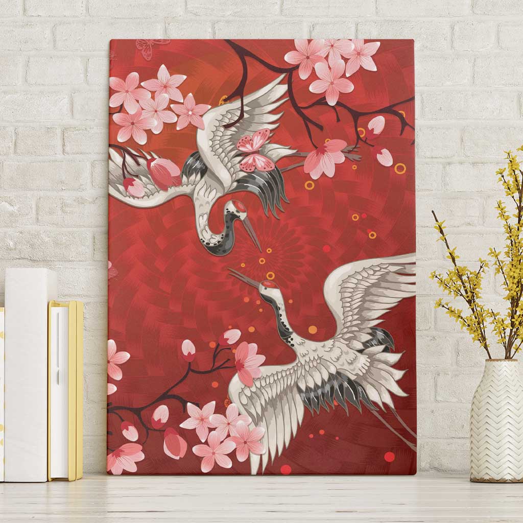 Hawaii Japan Cranes Sakura Flower Red Canvas Wall Art Japan Heritage Spirit - Polynesian Pride